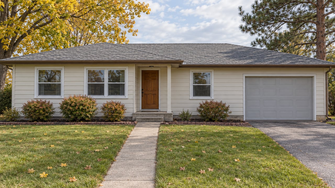 A cream lap-sided single-story home with an attached garage, deep autumn lawn, yellowing maple and mature pine under a pale overcast sky.