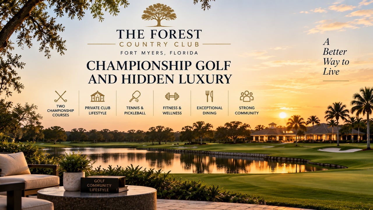 The Forest Country Club in Fort Myers, Florida, featuring championship golf, scenic fairways, lake views, a private clubhouse, and luxury homes in one of Southwest Florida’s established private golf communities.