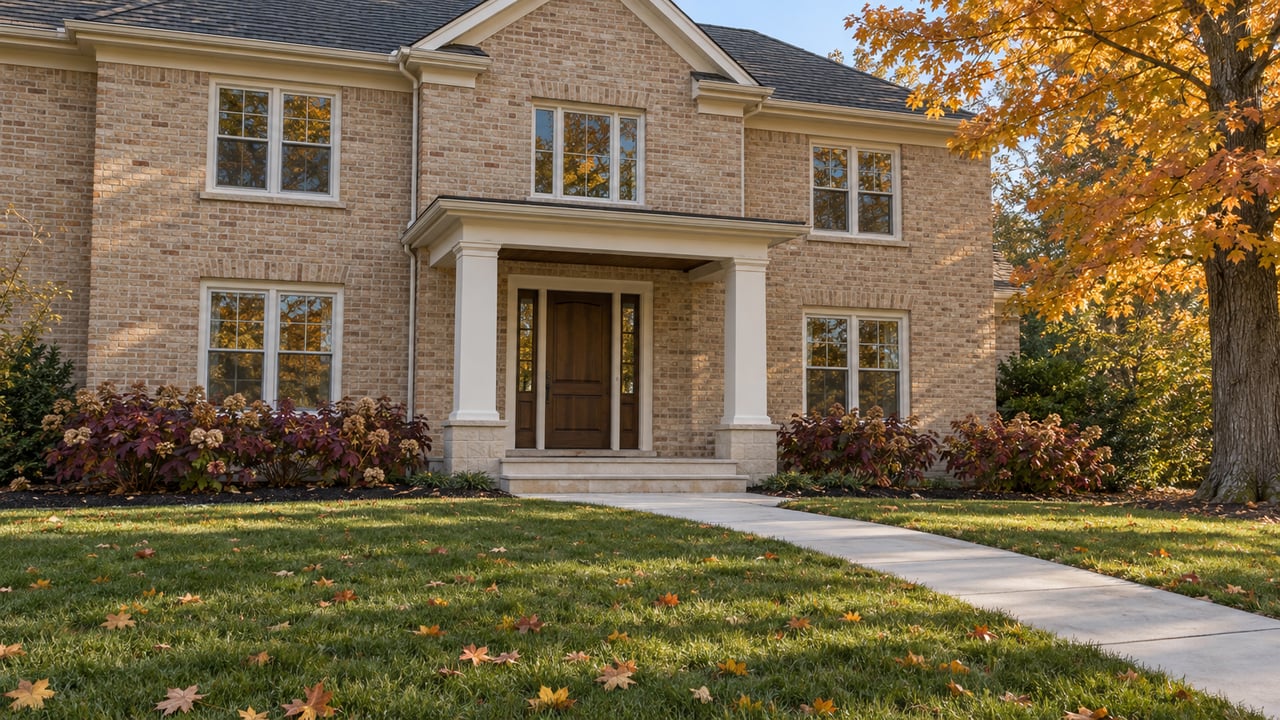 Autumn sunlight on a substantial buff-brick home with white porch columns, a deep lawn, and an orange-gold sugar maple.