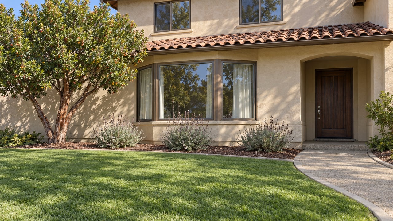 Sunlit stucco home with clay roof tiles, bronze-framed bay windows, a curved concrete walk and a deep lawn beside a specimen strawberry tree.