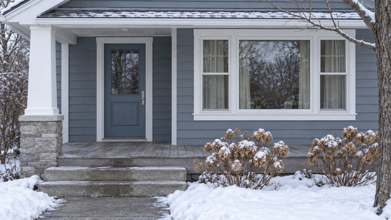 Blue-gray home with a snow-covered porch gable, white trim, closed glazed door and bare hydrangea flower heads beside cleared concrete steps.