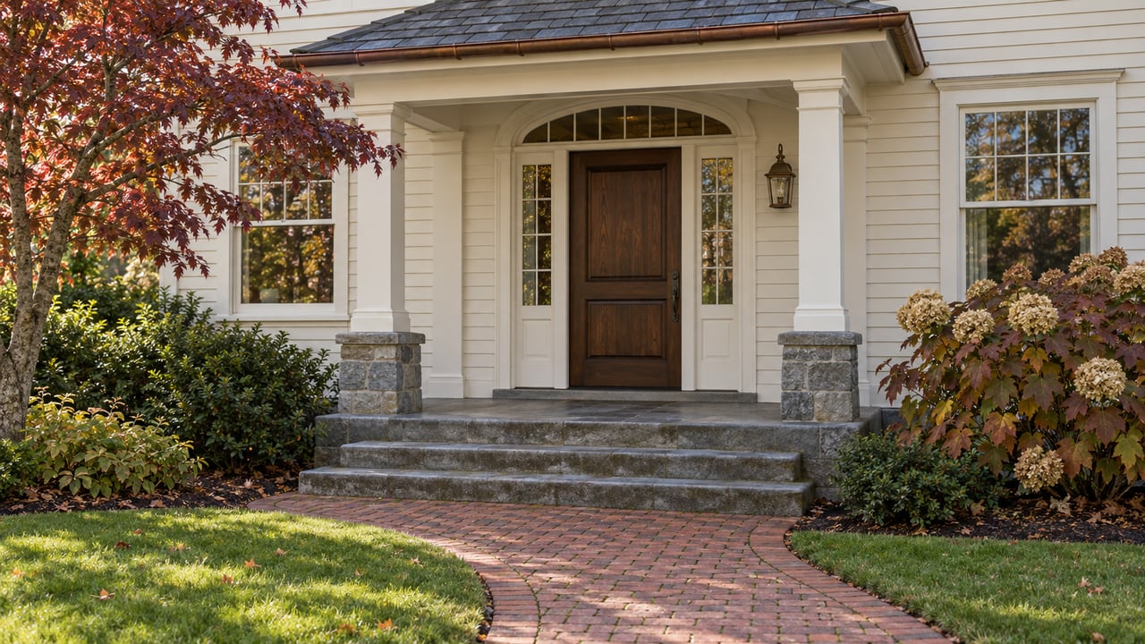 Ivory clapboard home with a sheltered oak entry, bluestone steps, weathered brick approach, and autumn dogwood foliage.