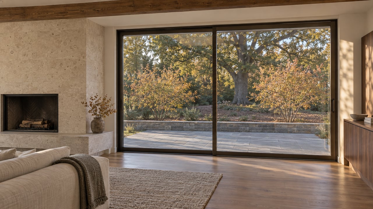 Rear living room with a limestone fireplace, walnut cabinetry, and glass doors opening onto a planted terrace.
