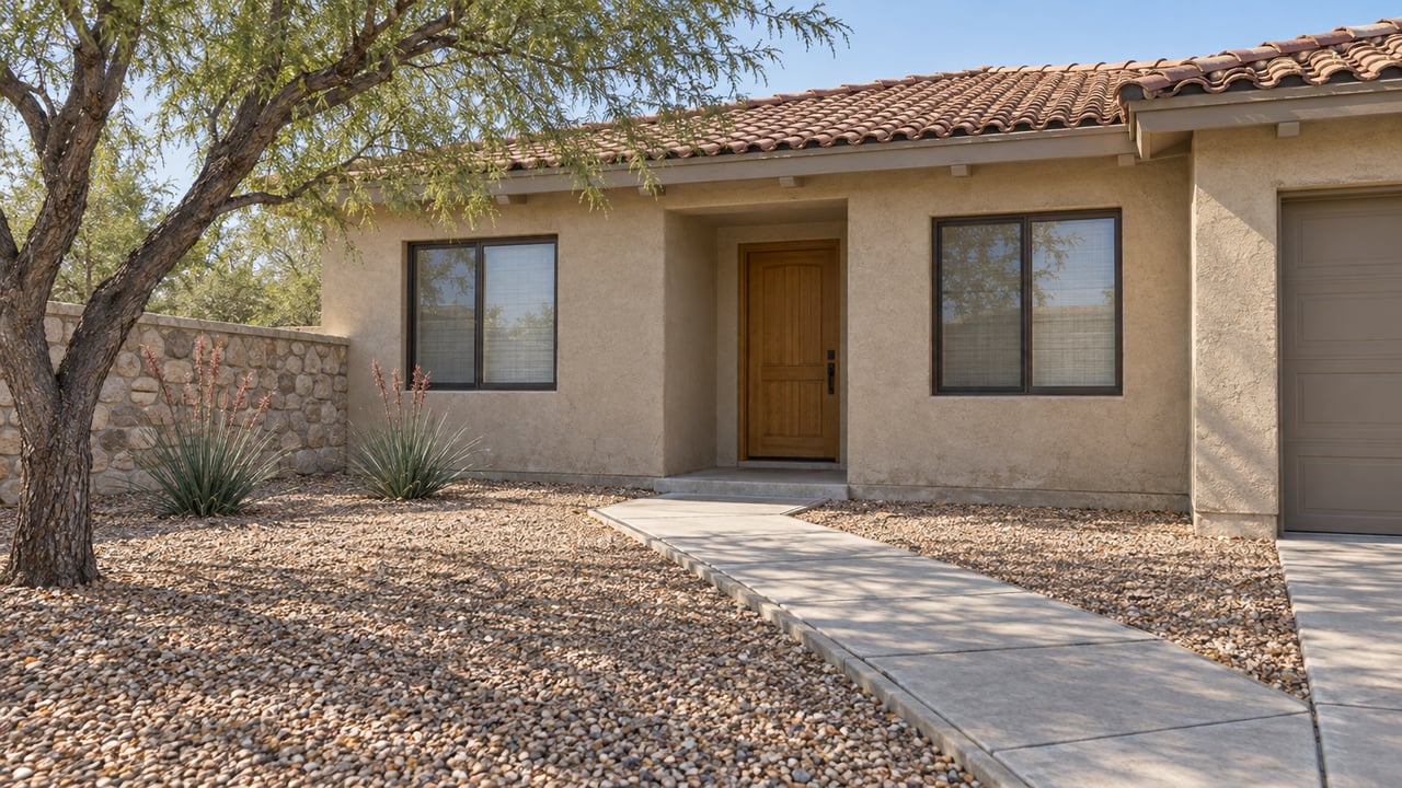 Single-story sand-colored stucco home with a tile roof, gravel front yard, limestone wall, and a mature mesquite beside the entry walk.