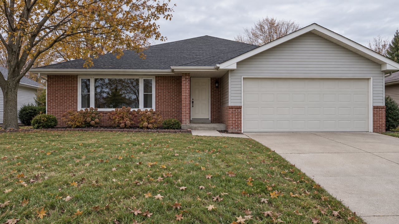 Red brick and pale gray ranch home with an attached two-car garage, deep autumn lawn and amber maple leaves.