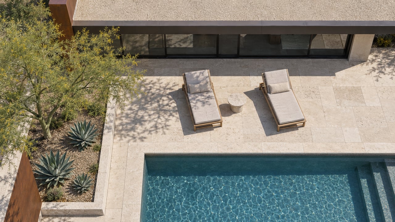 Overhead view of a contemporary home's limestone courtyard, two teak loungers, desert planting and blue-gray pool.