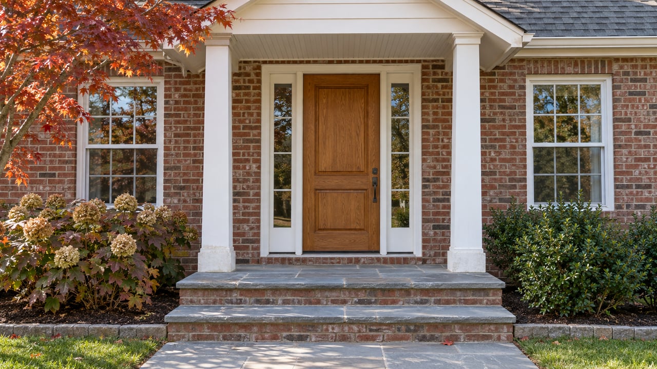 Autumn light on a brick home's oak front door, paired sidelights, white-trimmed windows and flagstone porch, framed by red maple foliage.