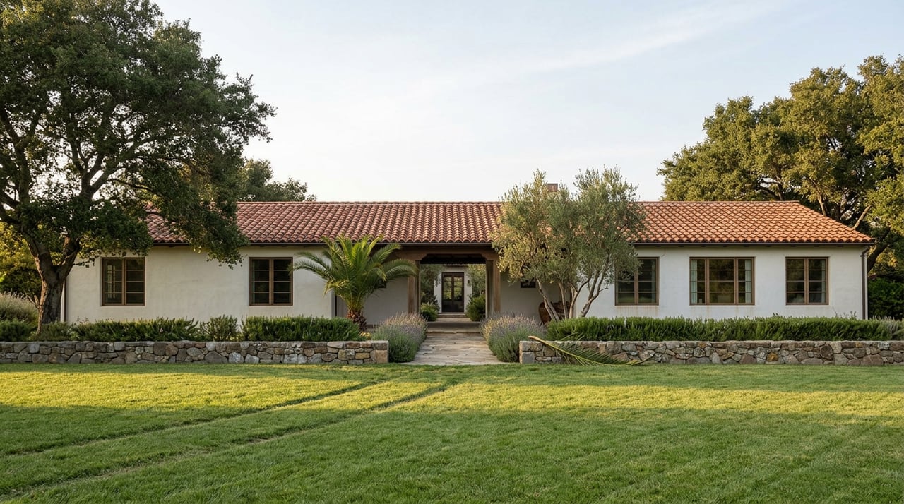 Spanish Colonial estate with red-tile roof beyond lawn, framed by oak and palm trees.