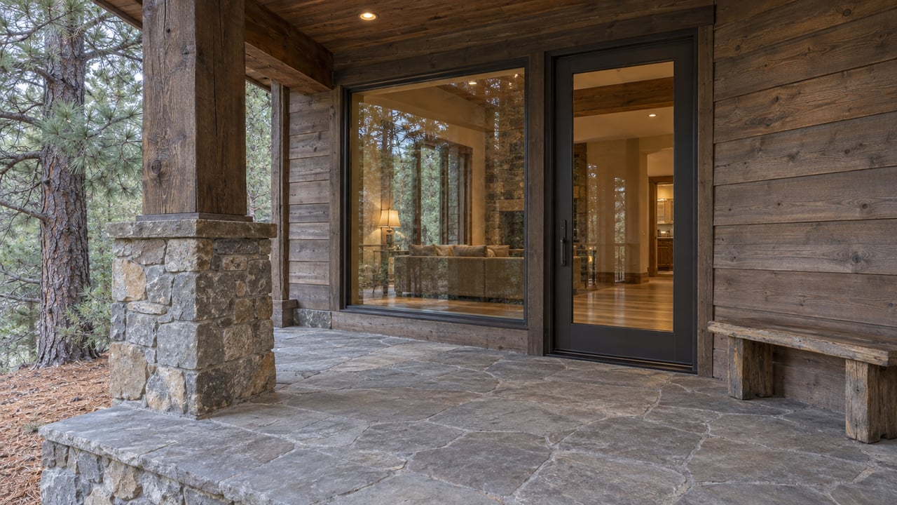 A sheltered timber-and-stone porch with a closed glazed entry, cedar siding, an oak bench, and a mature pine beside the raised flagstone floor.
