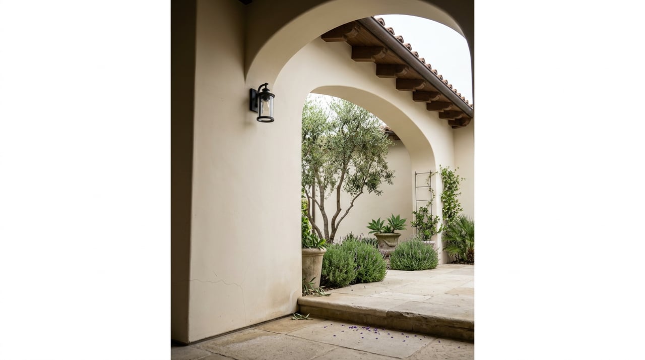 Cream stucco pier and rounded arch frame a sunlit courtyard with an olive tree and stone urn.
