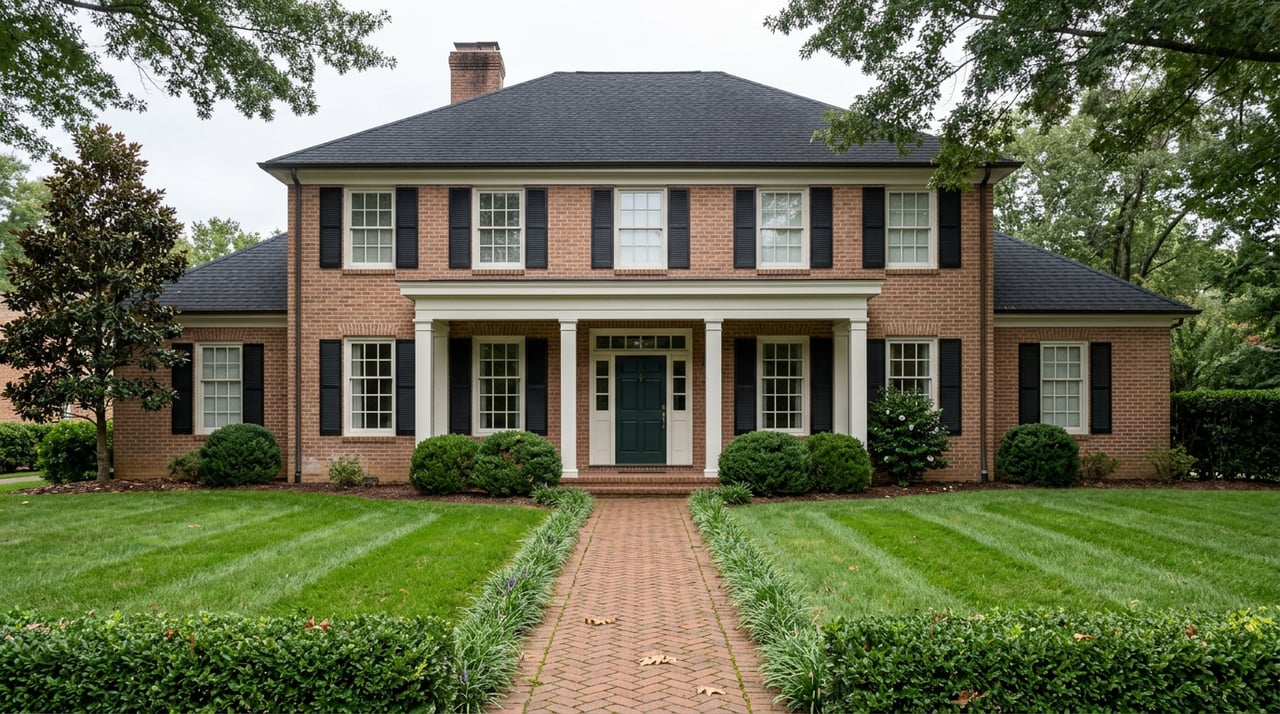 Symmetrical brick colonial with a white-columned portico, black shutters, green front door, and brick walkway across the lawn.