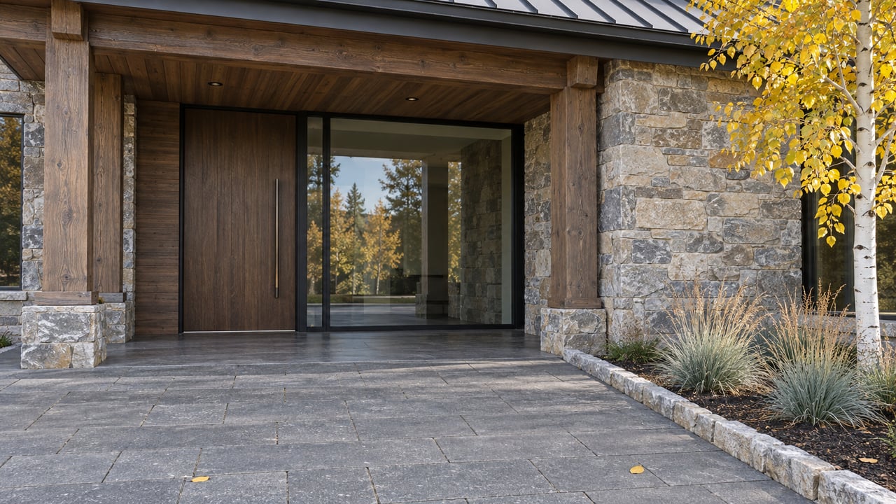 Autumn light on a sheltered timber-and-stone entrance, with dark paving, expansive glass and a yellow-leaved aspen.