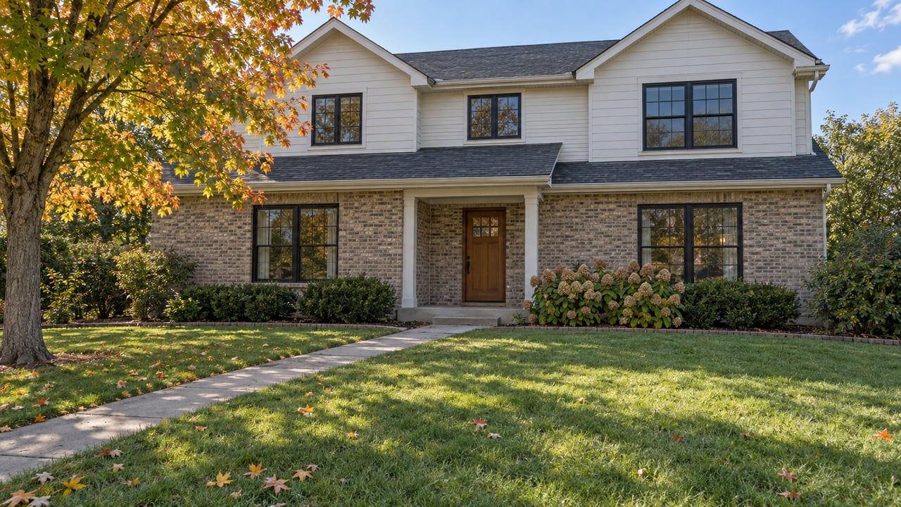 A gabled brick and off-white sided home behind a deep autumn lawn, with a sugar maple and a concrete walk leading to the recessed wood entry.