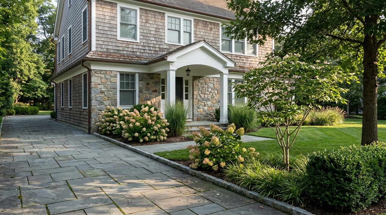 Two-story shingled home with a white portico, bluestone walk, flowering dogwood, and mature red oak.