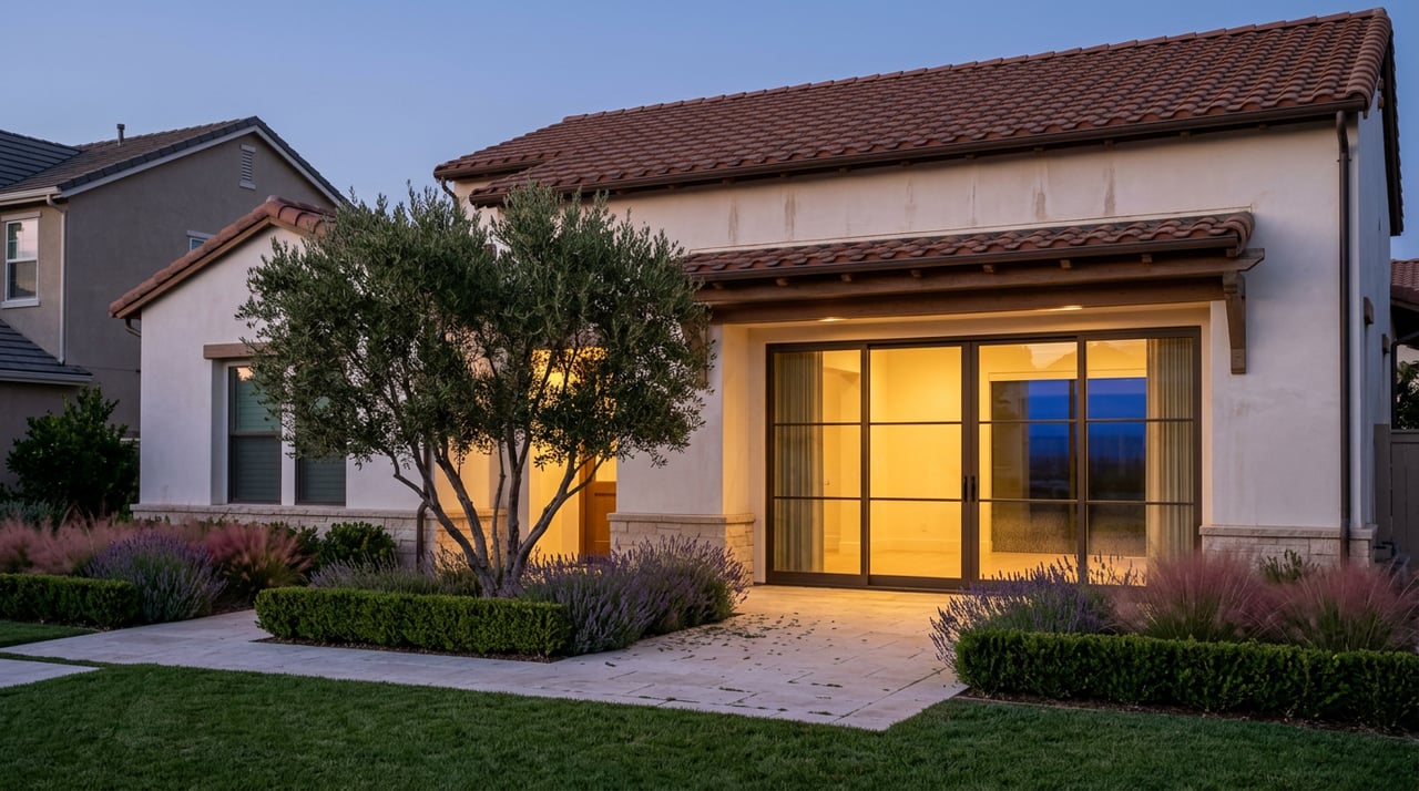 Two-story plaster home glows through broad glass doors at dusk, beside a sculptural olive tree.
