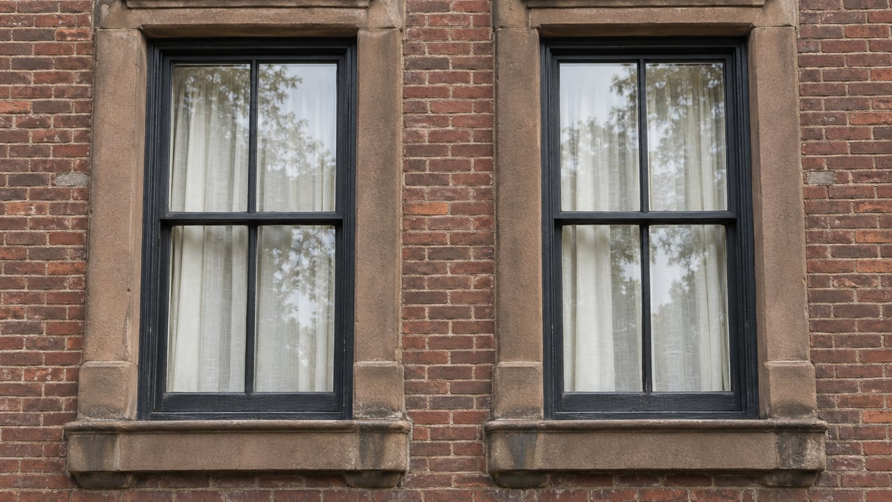 Two tall sash windows with ivory curtains set in weathered brown sandstone and reddish-brown brick.