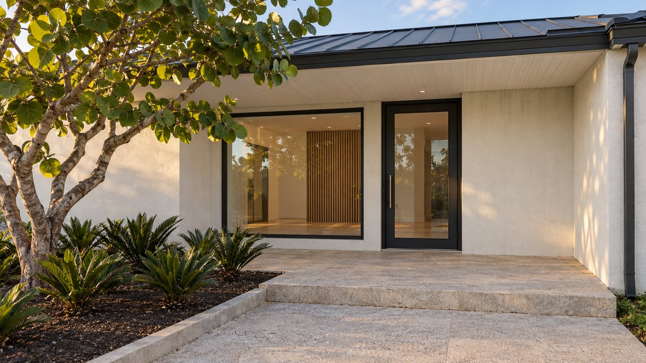 An ivory stucco home's recessed glass entrance beneath a charcoal metal roof, with weathered stone-colored paving and a sculptural sea grape tree.