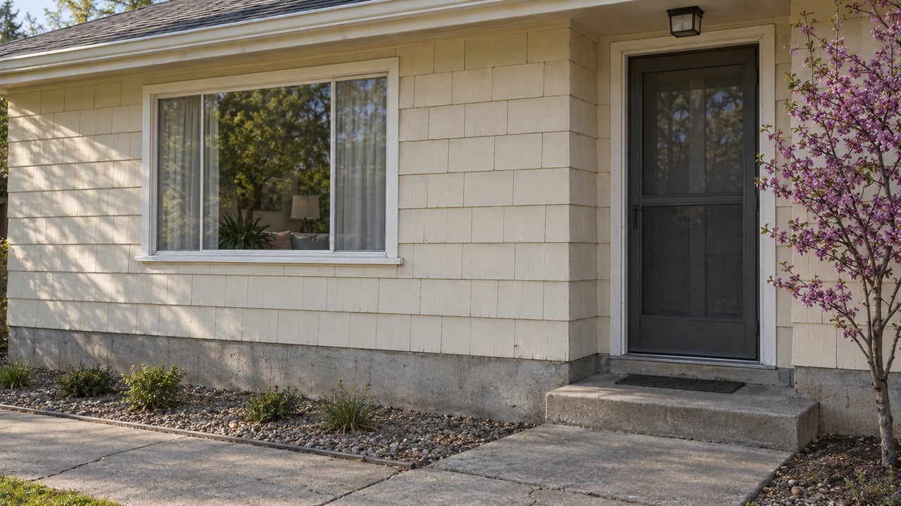 Mid-century house with faded ivory shingle siding, a front window, recessed door, and small redbud tree.