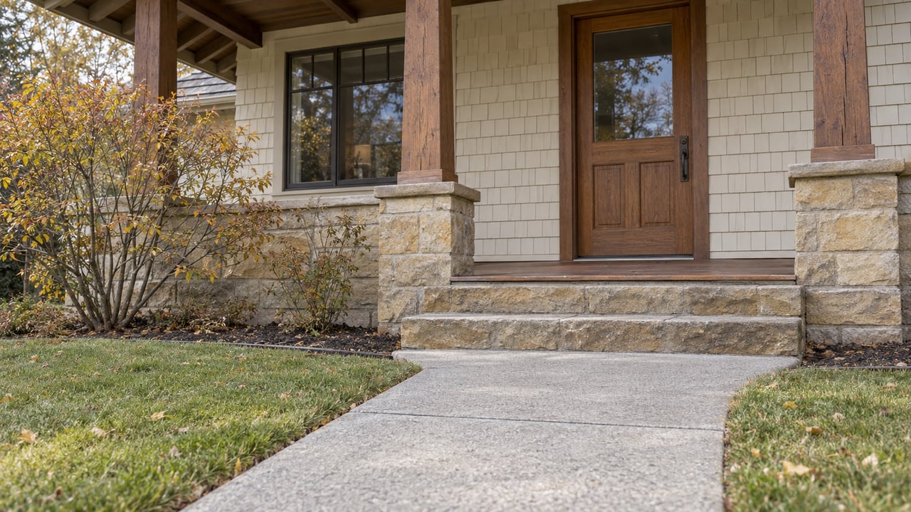 A sandstone approach leads to a timber-covered porch with cream cedar shingles, an oak door and an autumn serviceberry shrub.