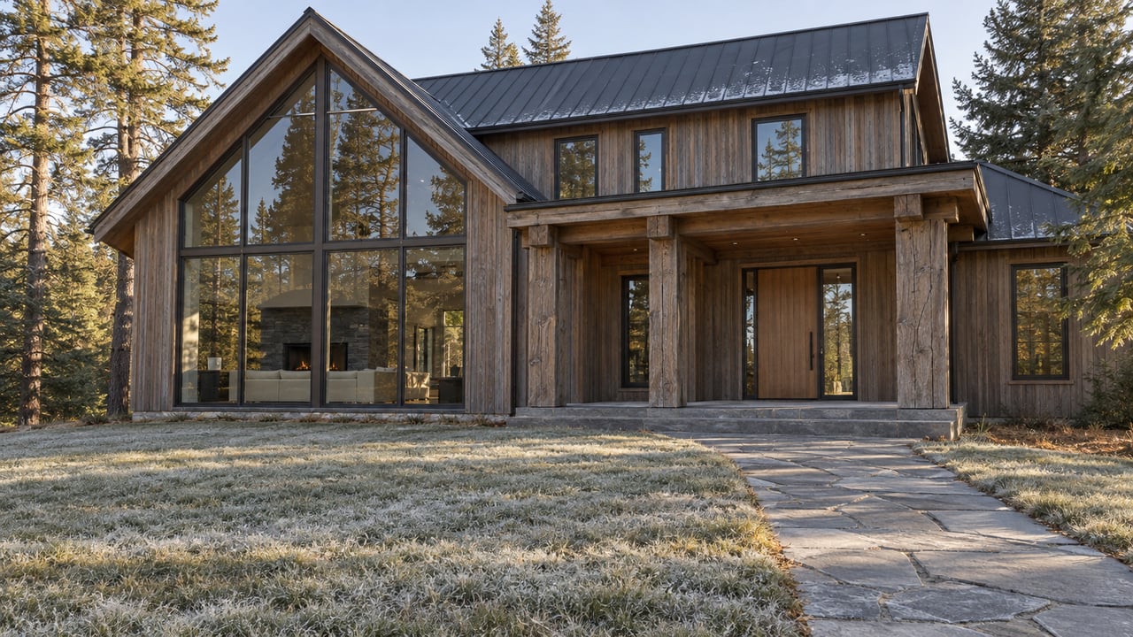 Timber home with a steep metal roof, tall windows and a stone approach across a frost-tipped lawn.