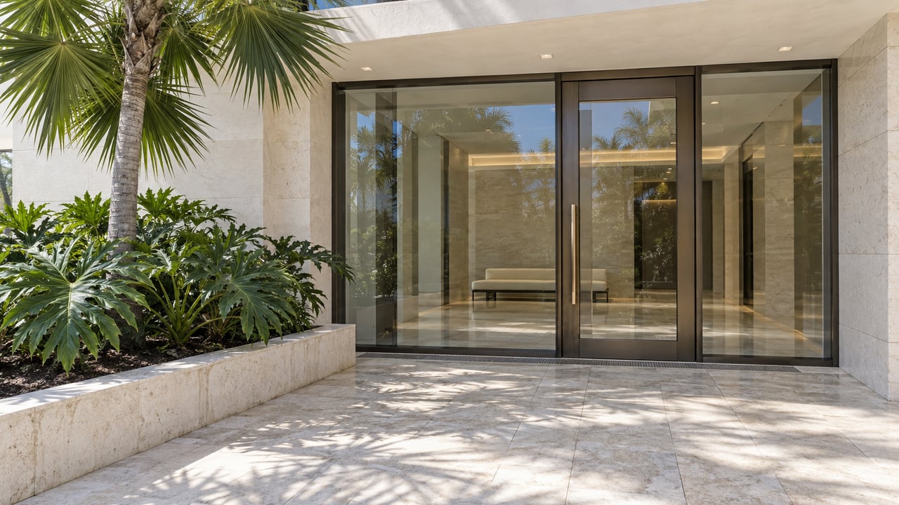 Sunlit limestone approach to a glazed condominium entrance beside a fan palm and lobed tropical foliage.