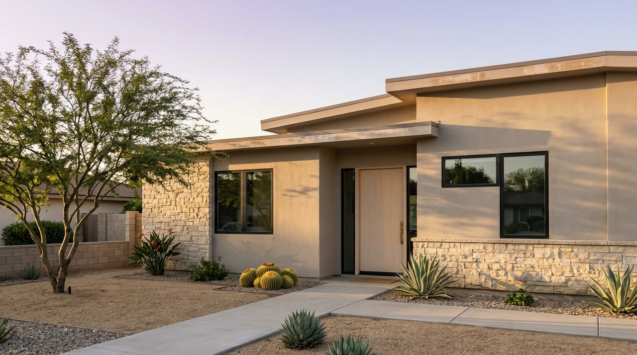 Contemporary stucco home with stacked-stone wall, oak entry, mesquite tree, and desert plants along a concrete walkway.