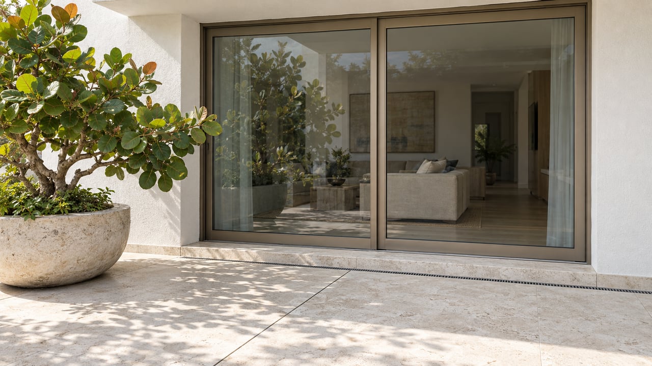White stucco condominium terrace with closed bronze-framed glass doors, pale limestone paving, and a sculptural sea grape in a stone planter.