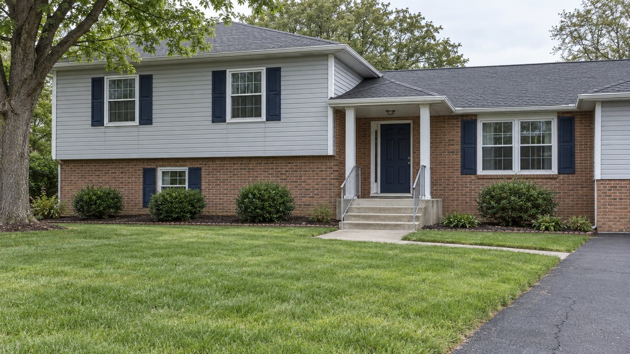 A pale gray split-level home with a brick lower facade, navy shutters and a concrete entry walk across a broad green lawn.