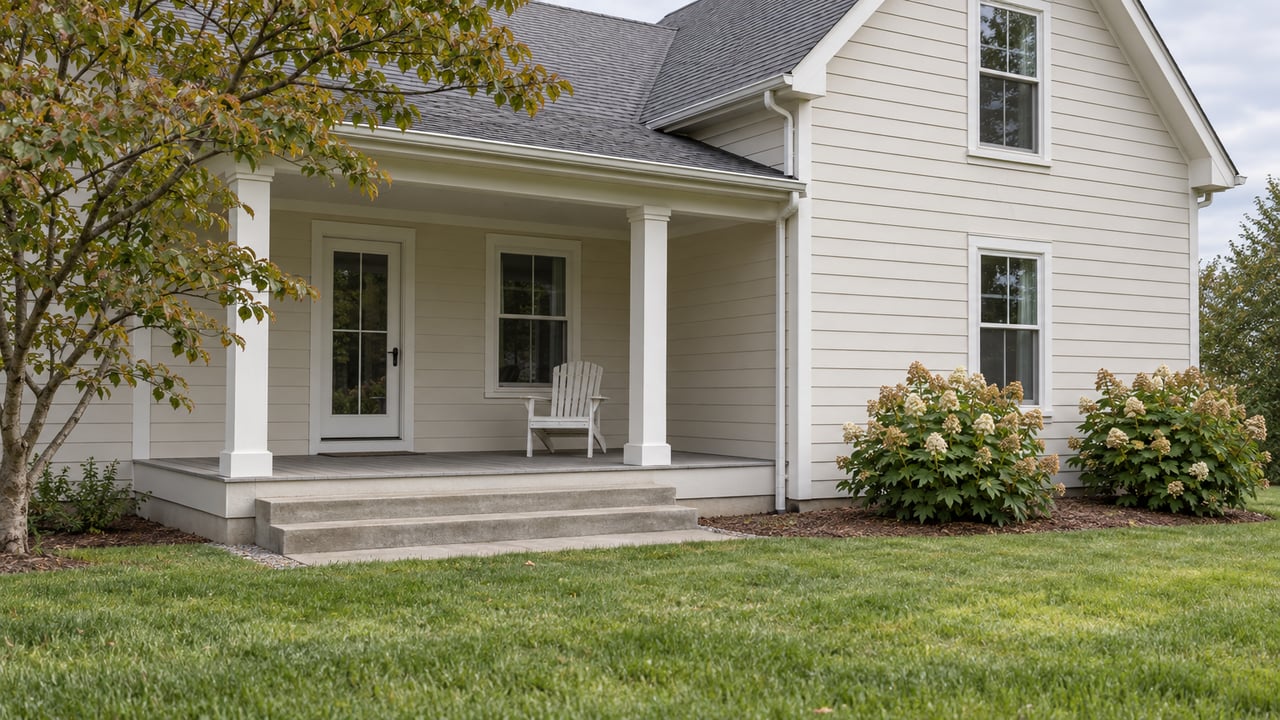 A light-sided gabled home with a covered porch, broad steps and a deep lawn, framed by a flowering dogwood and oakleaf hydrangeas.