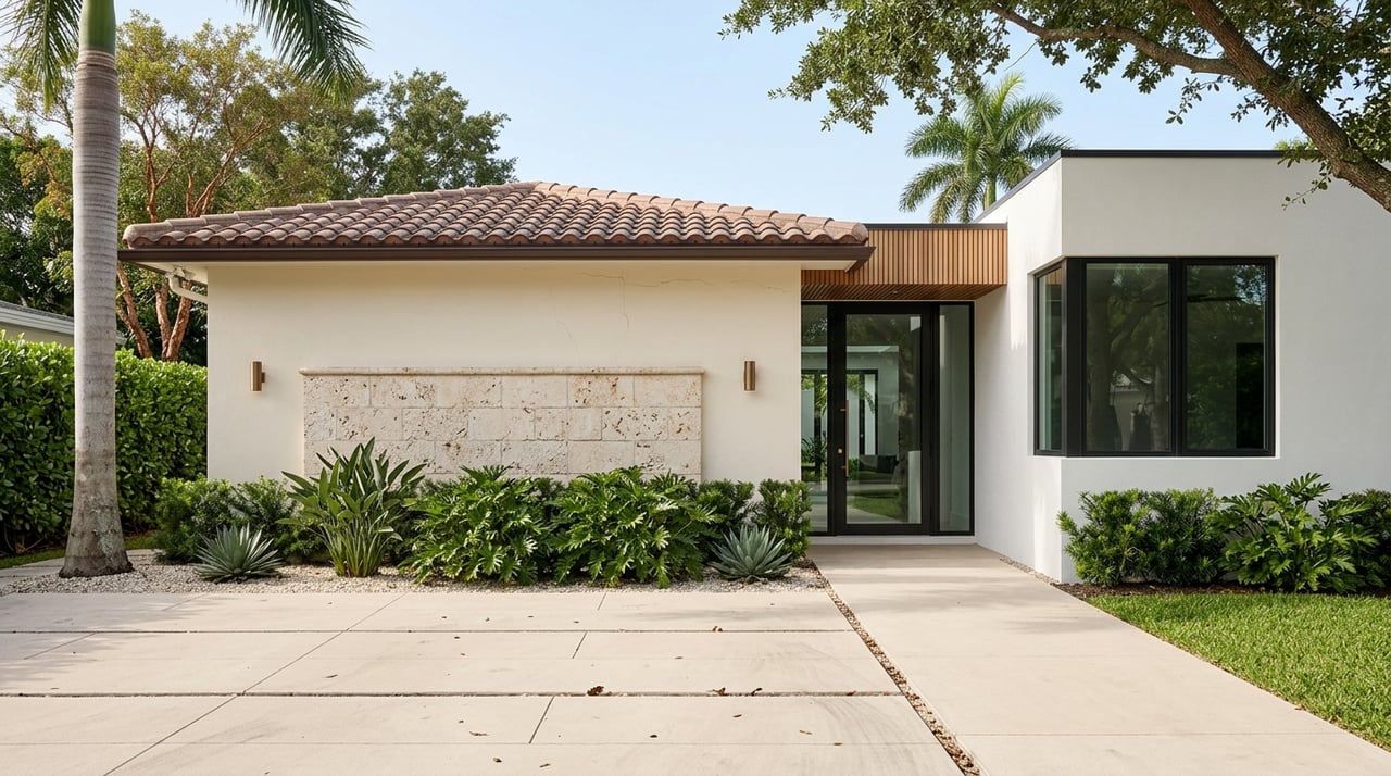 Modern white stucco home with a terracotta tile roof, black-framed windows, and tropical landscaping.
