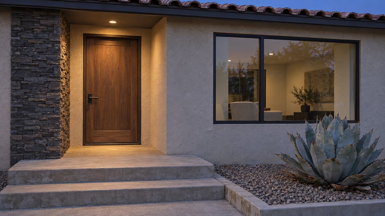 Blue-hour view of a sandy stucco home's recessed wood entry, dark-framed window, concrete steps, and a single blue-gray agave.