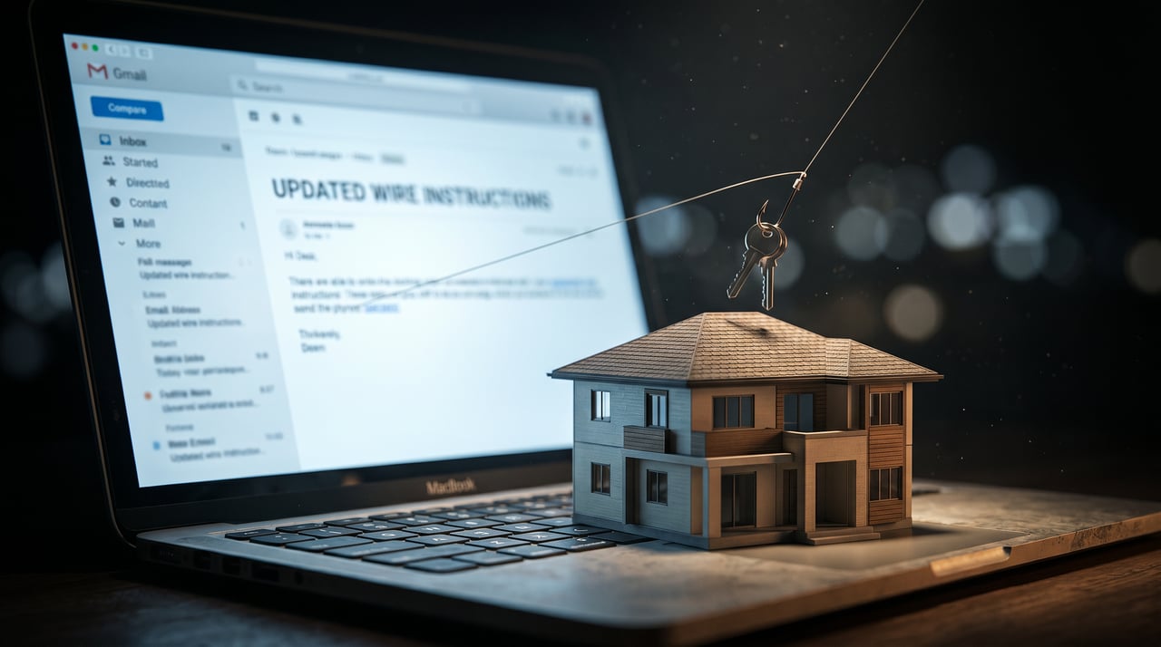 Fishing hook lifts house keys over a model home on a laptop showing an email titled "UPDATED WIRE INSTRUCTIONS"