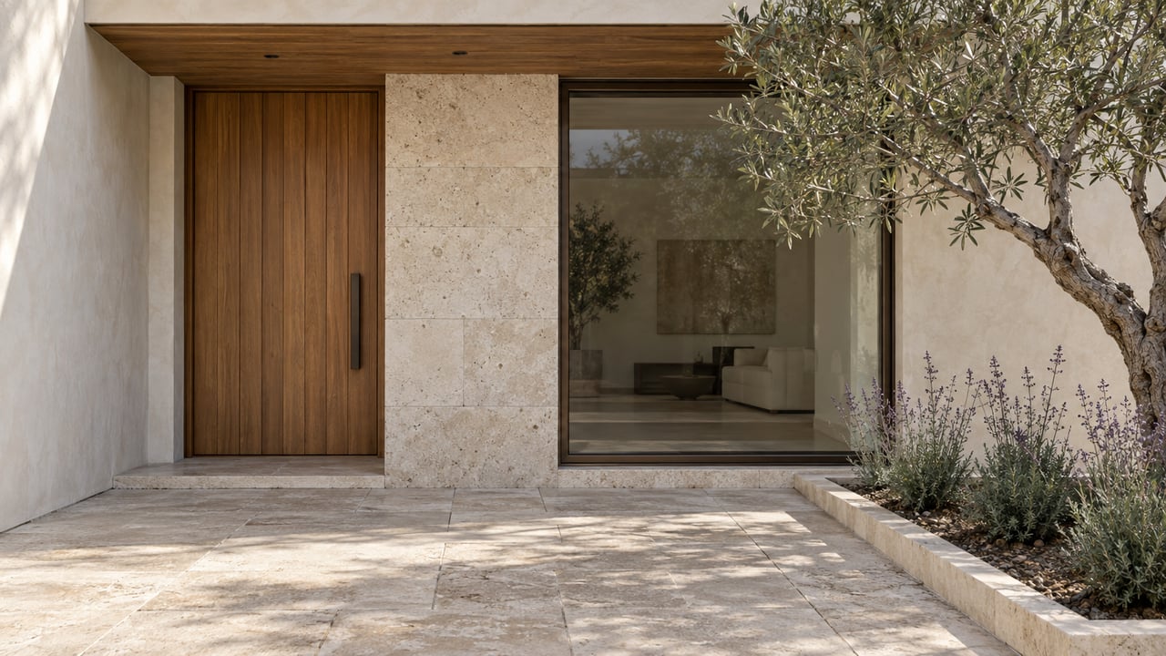 Modern stone home entrance with a tall wood door, large window, and olive tree.