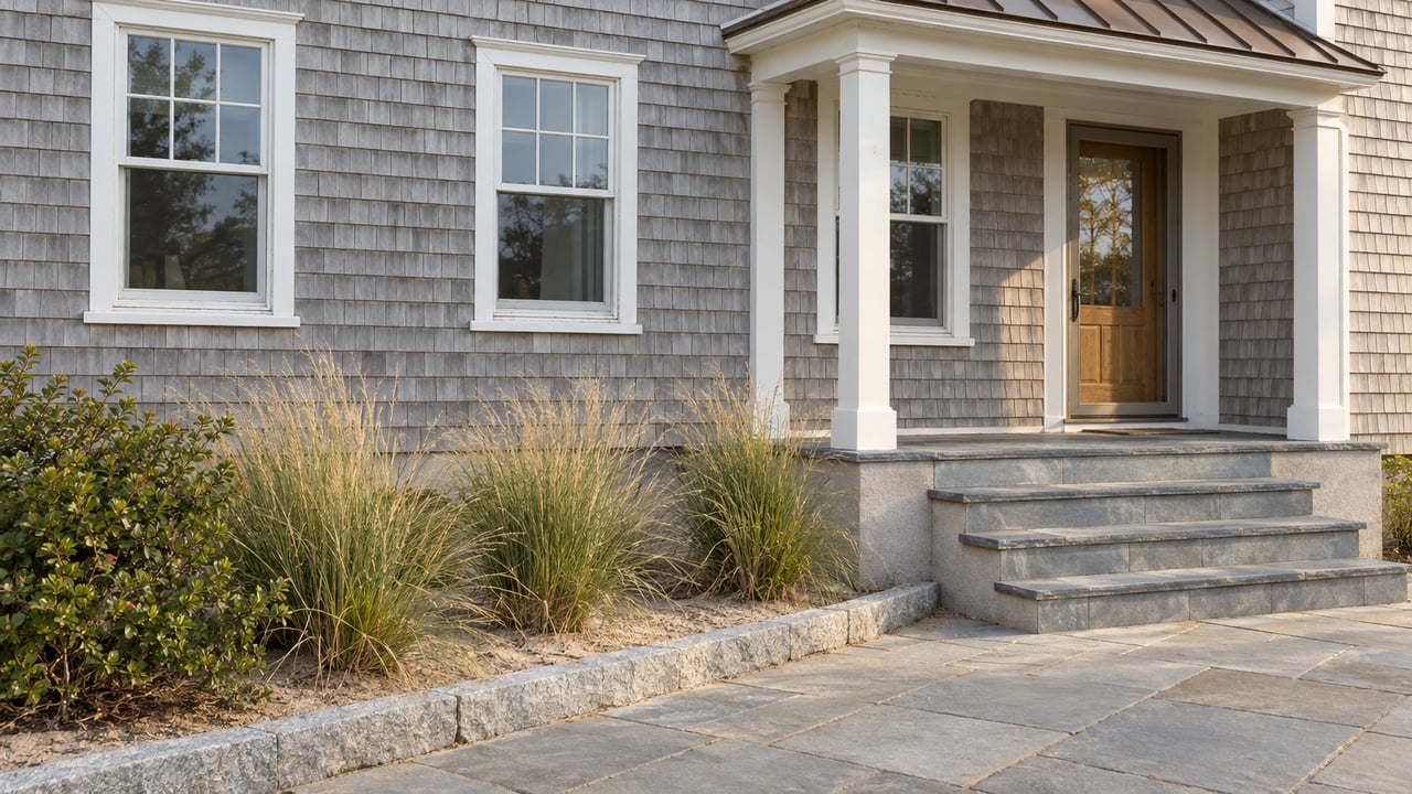 Weathered gray-shingle coastal house with white-trimmed windows, raised porch, and dune grass beside a stone path.
