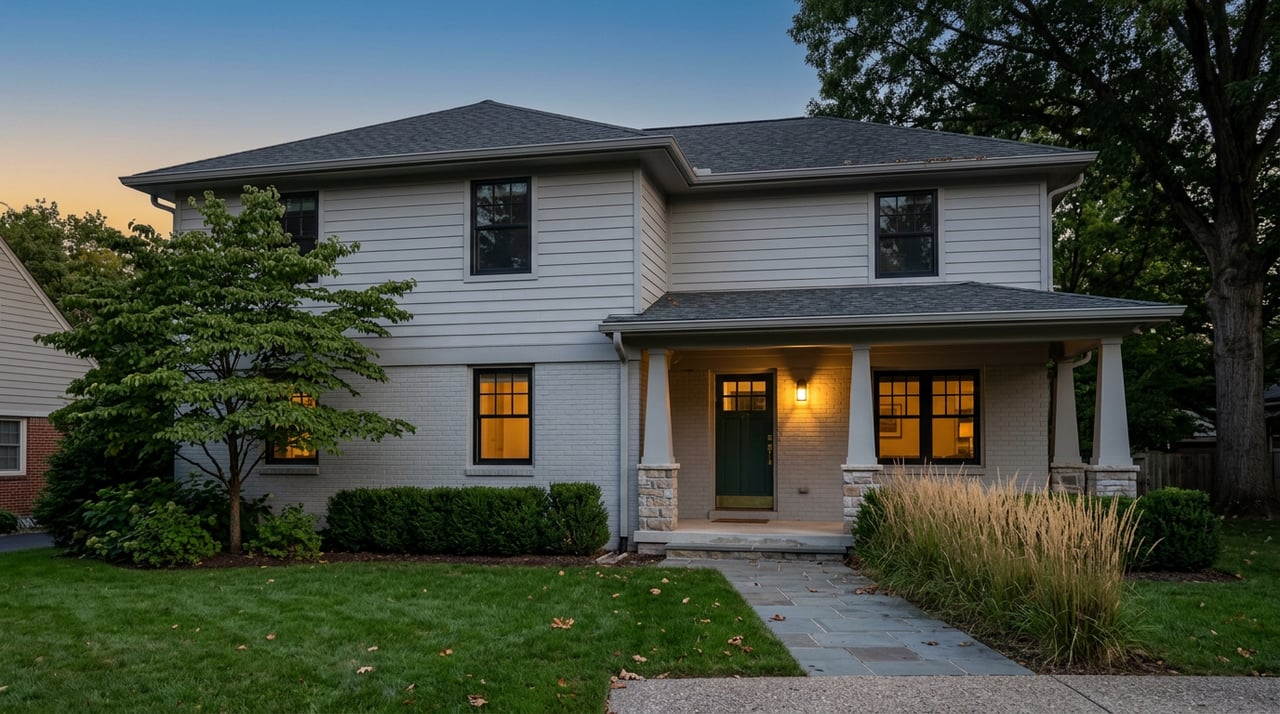 Two-story gray home at dusk, with a green front door, glowing windows, porch light, and stone walkway.