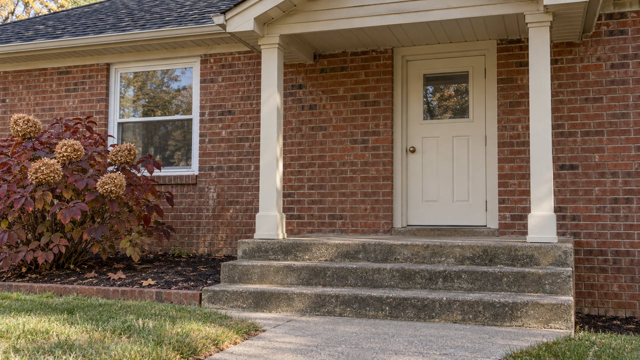Modest brick home with a cream entry door, covered concrete steps and burgundy oakleaf hydrangea beside the front walk.