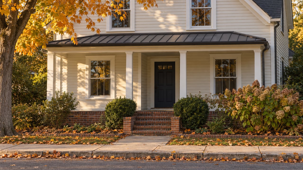 Cream clapboard home with a navy entry, brick steps, and amber maple leaves.