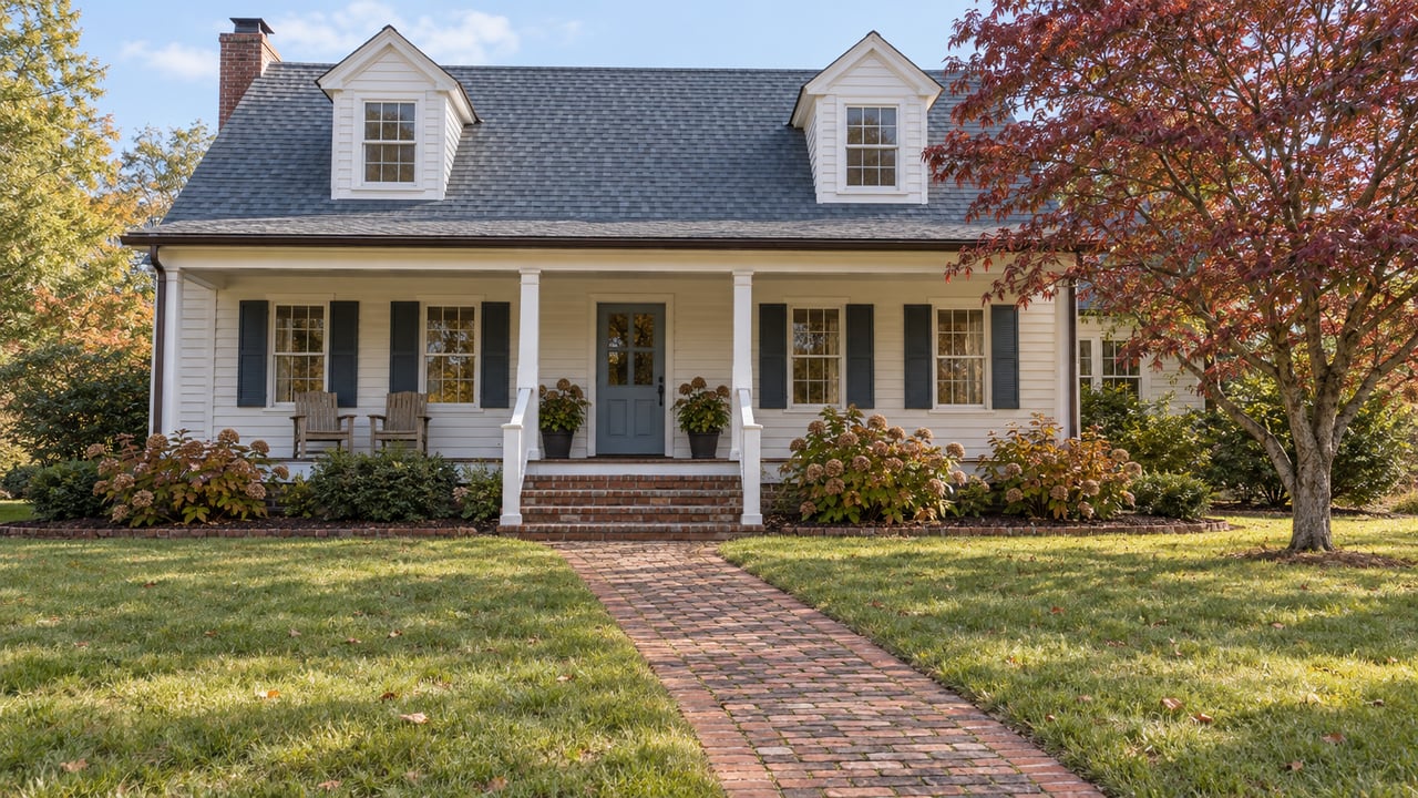 An established white clapboard home with dormer windows, a covered porch, a brick walk, and an autumn dogwood beside an open lawn.