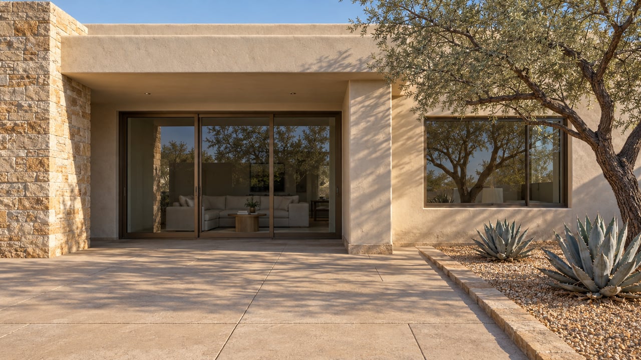Single-story stucco home with sandstone accents, bronze-framed glass doors and a broad paved terrace beside an ironwood tree and two blue-gray agaves.