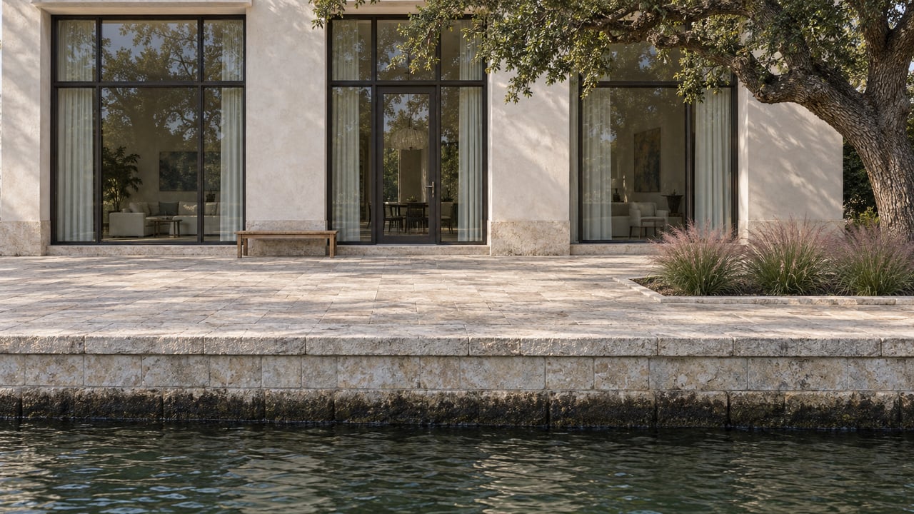Pale stucco home with three tall glazed openings, a limestone terrace, and rippled water.