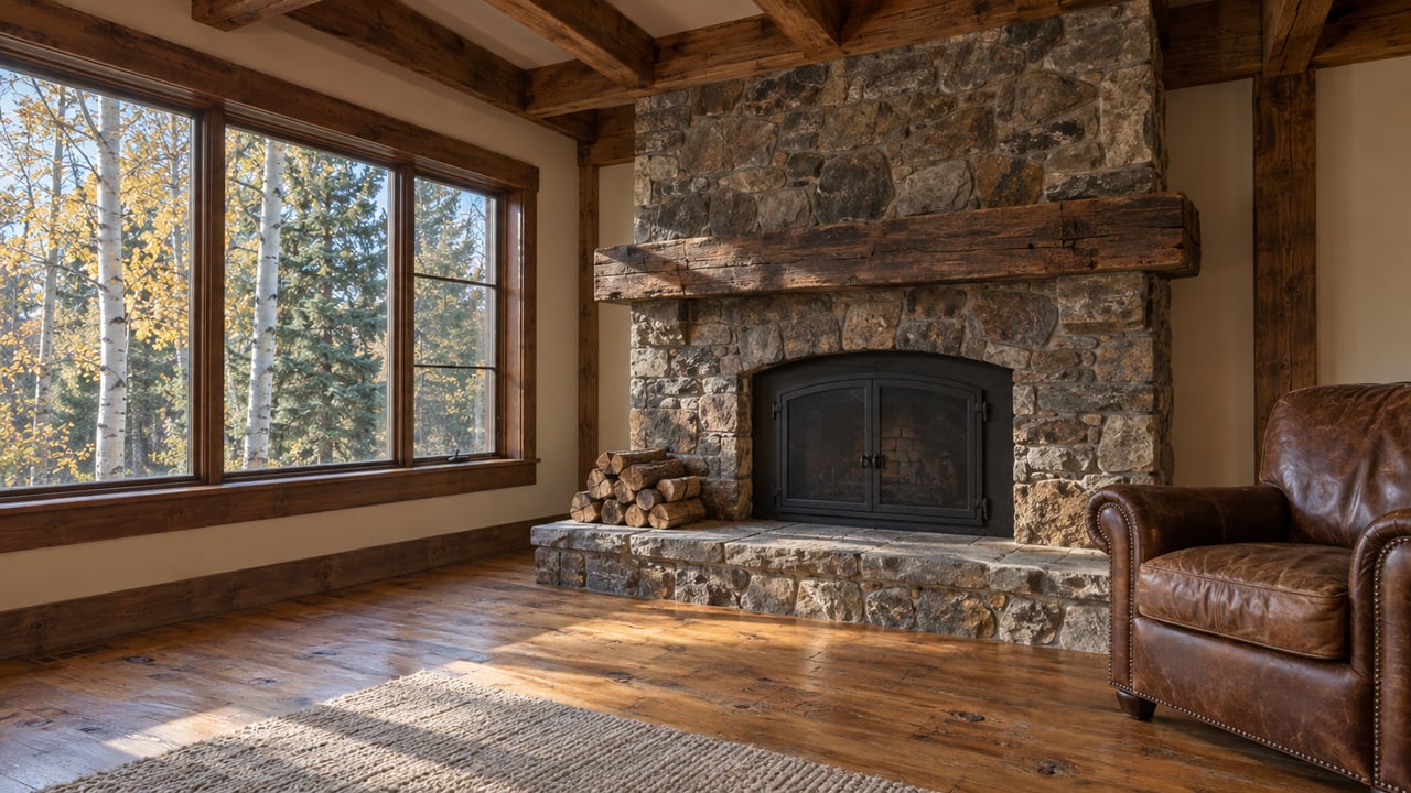 Timber living room with a fieldstone fireplace, worn fir floor, leather chair, and golden autumn leaves beyond a large window.