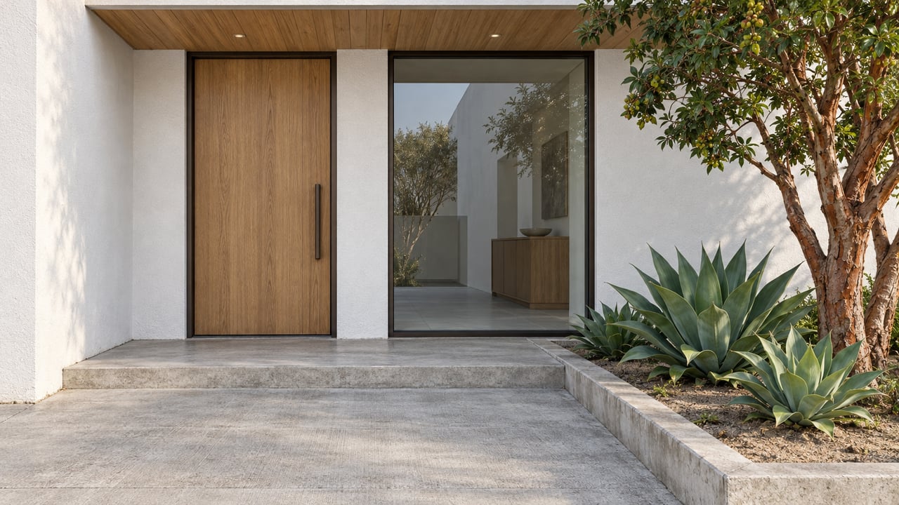 Contemporary home's oak entrance and bronze-framed window beside a concrete approach, strawberry tree, and three foxtail agaves.