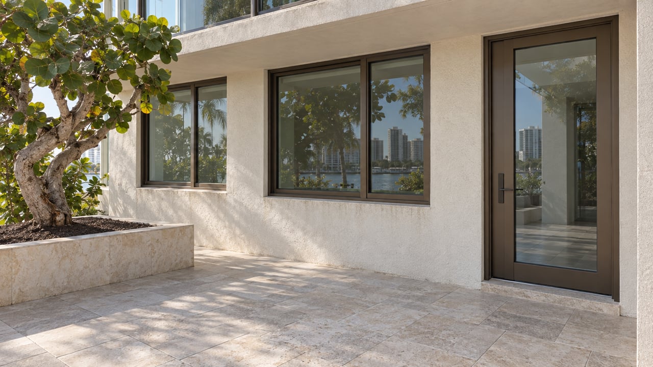 Cream stucco condominium facade with bronze-framed windows, glazed entry, limestone paving, and a twisted sea-grape tree.