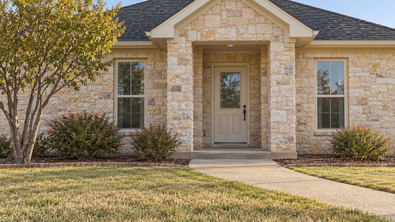 Stone house entrance with a recessed front door, autumn tree, shrubs, and walkway.