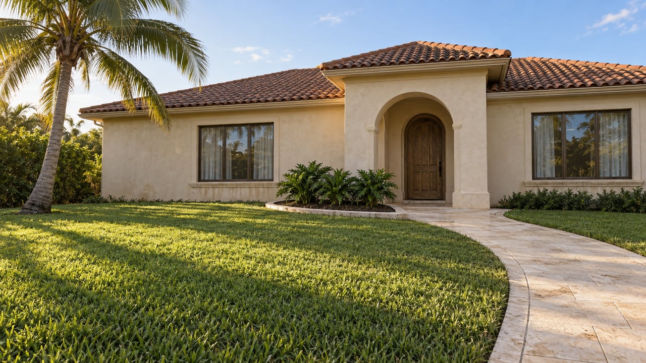 An ivory stucco home with a terracotta roof, arched oak entry, broad front lawn, and a mature coconut palm in warm afternoon light.