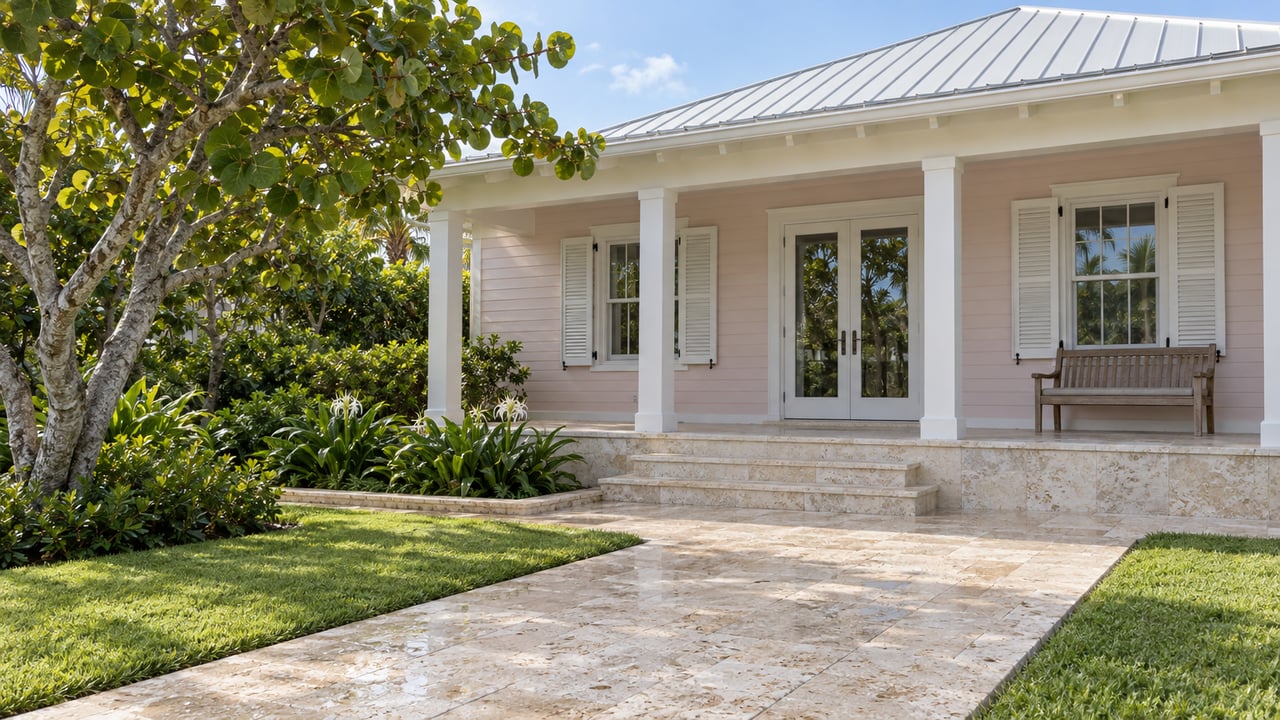 Pale blush timber home with a white metal roof, shuttered windows and raised limestone veranda beside a sea grape tree and damp garden approach.