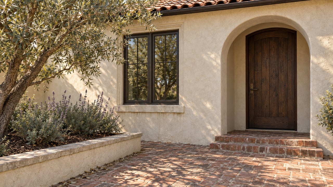 Cream stucco bungalow entry with terracotta roof tiles, dark oak door, bronze casement windows and a brick terrace beside an olive tree.
