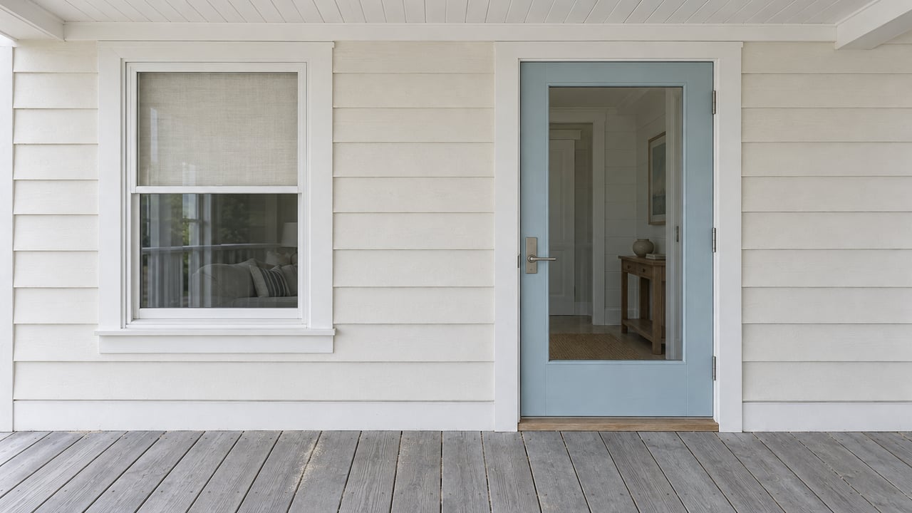 Sheltered porch of a raised beach house with ivory lap siding, a pale blue glazed door and weathered timber floorboards.