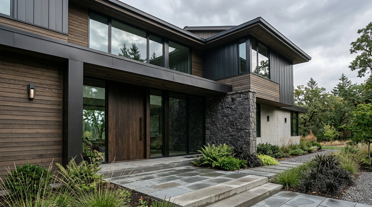 Contemporary home entry with a stucco facade, front door, and adjacent glazing viewed from below.