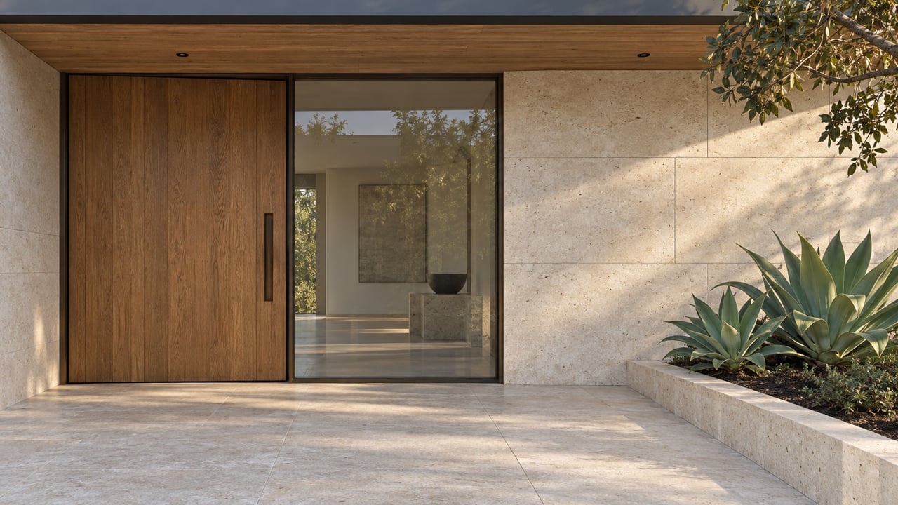 Contemporary recessed oak entry door beside bronze-framed glazing, pale limestone walls and a raised agave bed in afternoon light.